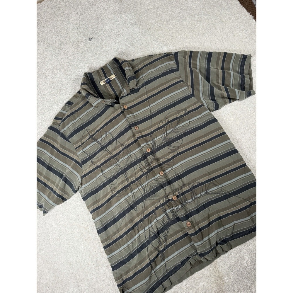 Tommy Bahama Camp Shirt Mens L Black Green Hawaiian Silk Stripe Floral Overlay